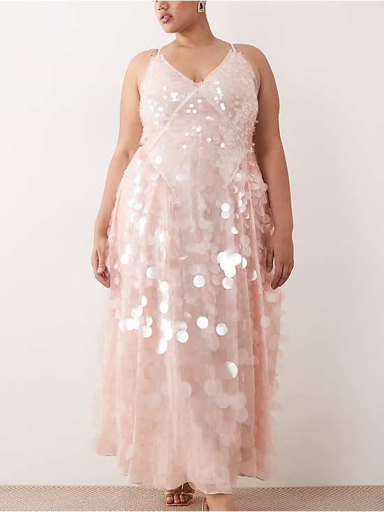 ASOS Curve Dresses & Skirts - ARRANGE Curve embellished sequin cami midi dress with full skirt in soft pink